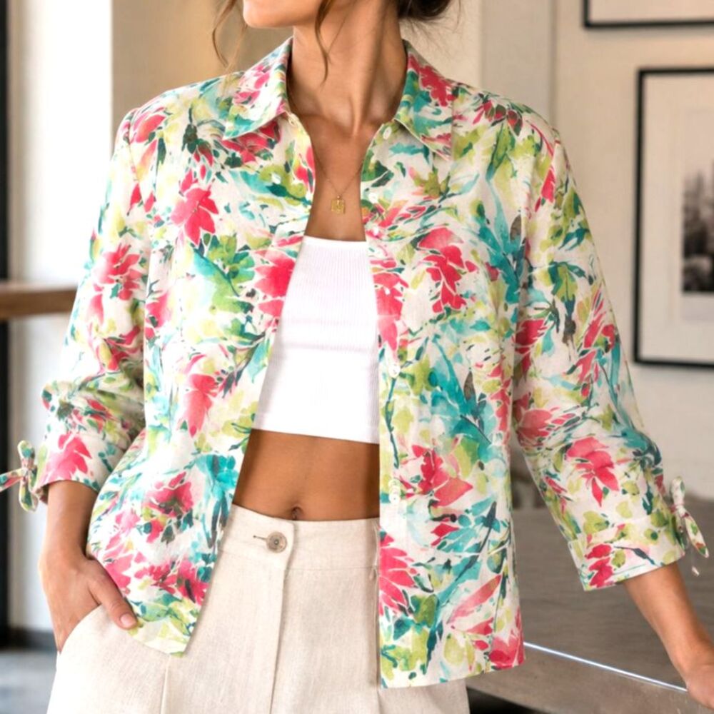 100% Linen Floral Button Down Shirt Jacket 3/4 Sleeve Top JM Collection 6P